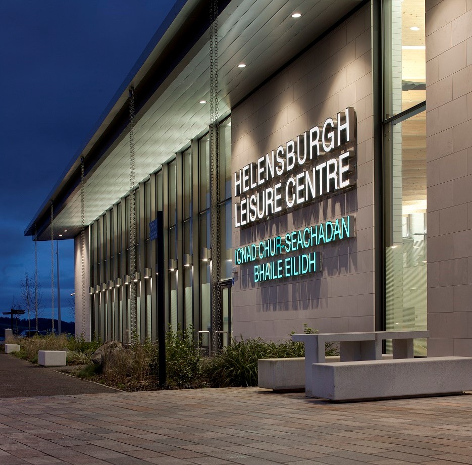 Helensburgh Leisure Centre illuminated building text at night