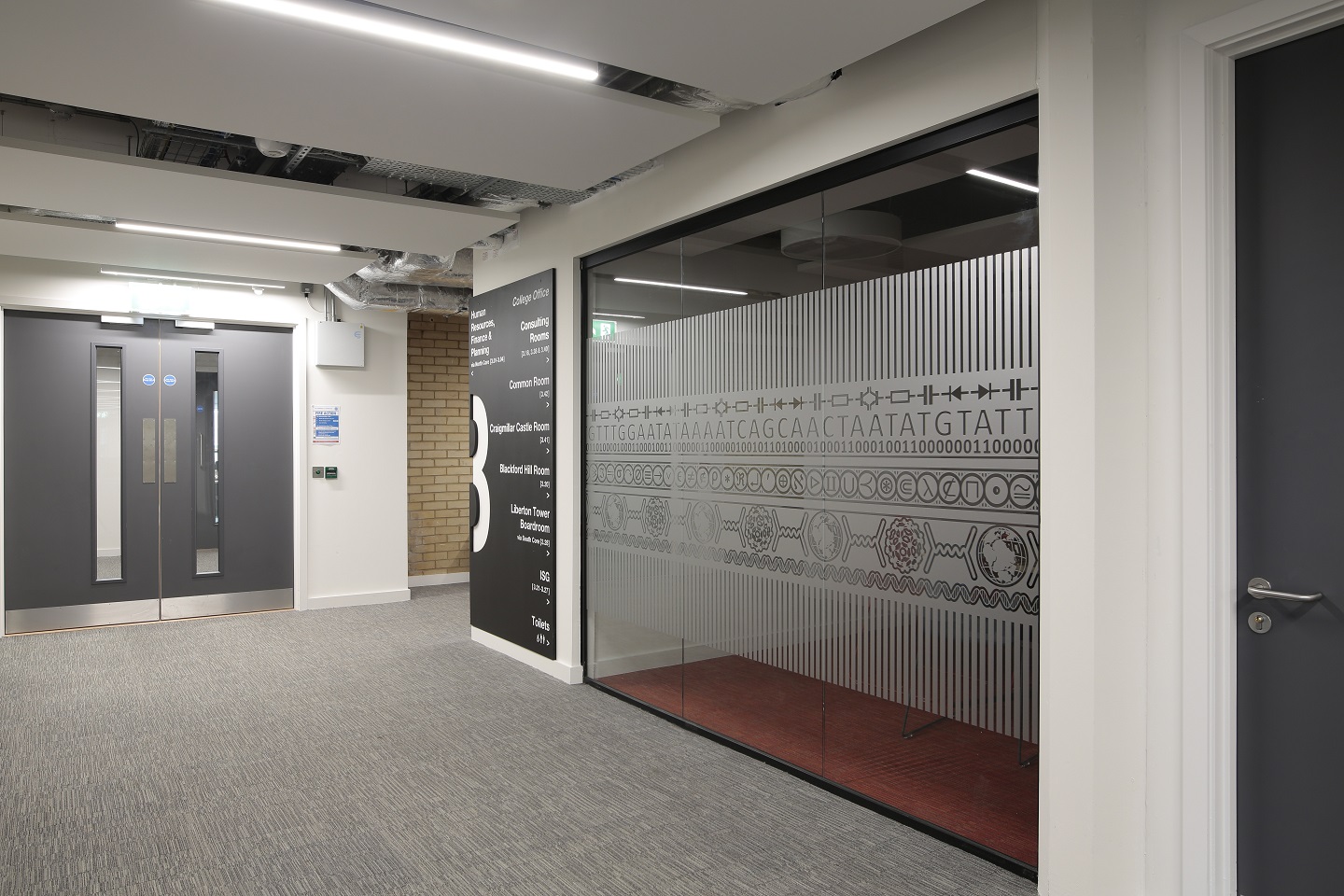 Murchison House print and cut frosted vinyl manifestation pattern applied to internal glazing.