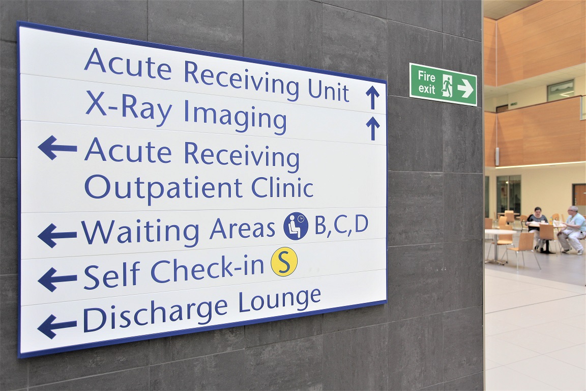 NHS Modular Directory Sign fitted to an internal wall