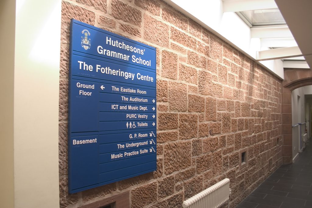 Braille and tactile directory. Wall mounted Hutchisons grammar school.