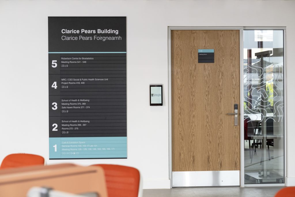 Clarice Pears Building University of Glasgow directory, door sign and vinyl manifestation