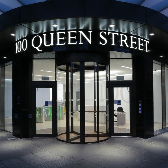 100 Queen Street Illuminated building text. Consultancy Services