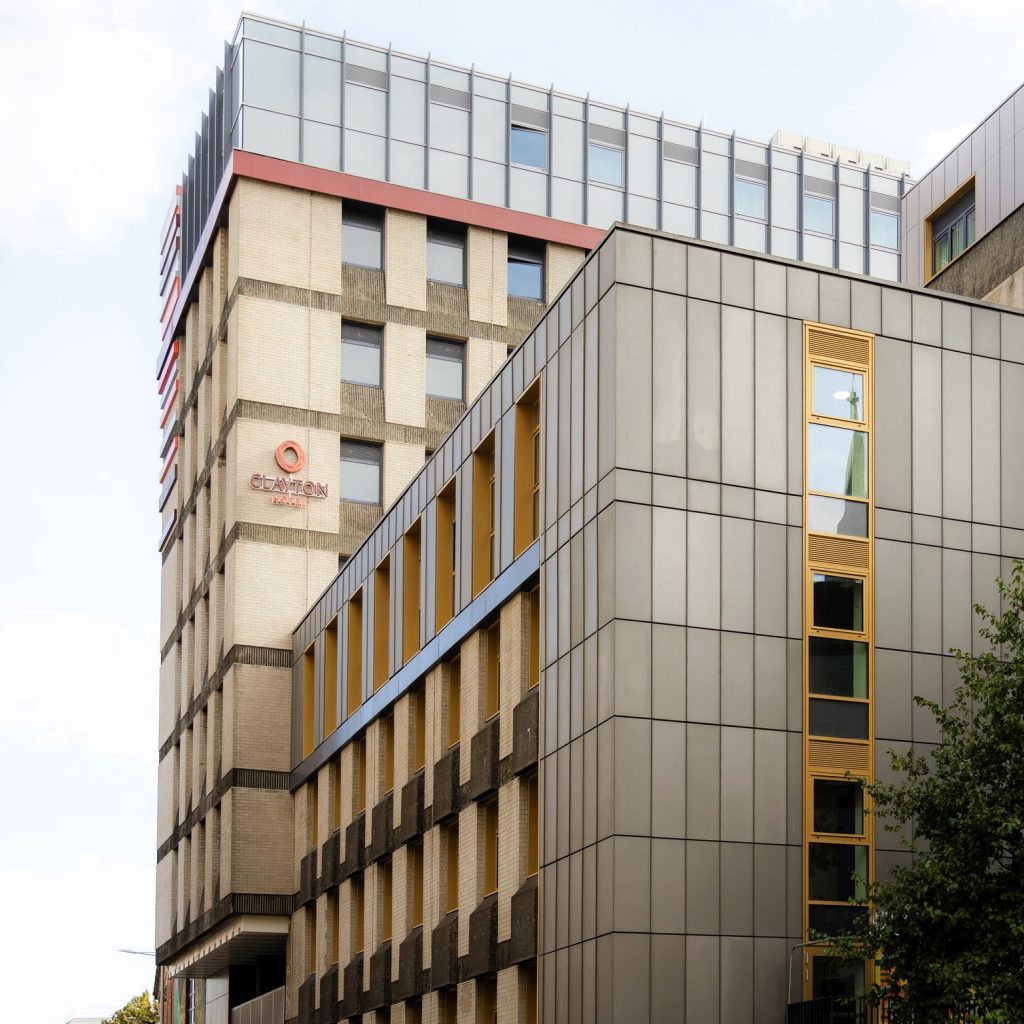 Clayton Hotel Bristol high level text and logo sign. powder coated and illuminated fitted to building facade. Installation Consultancy.