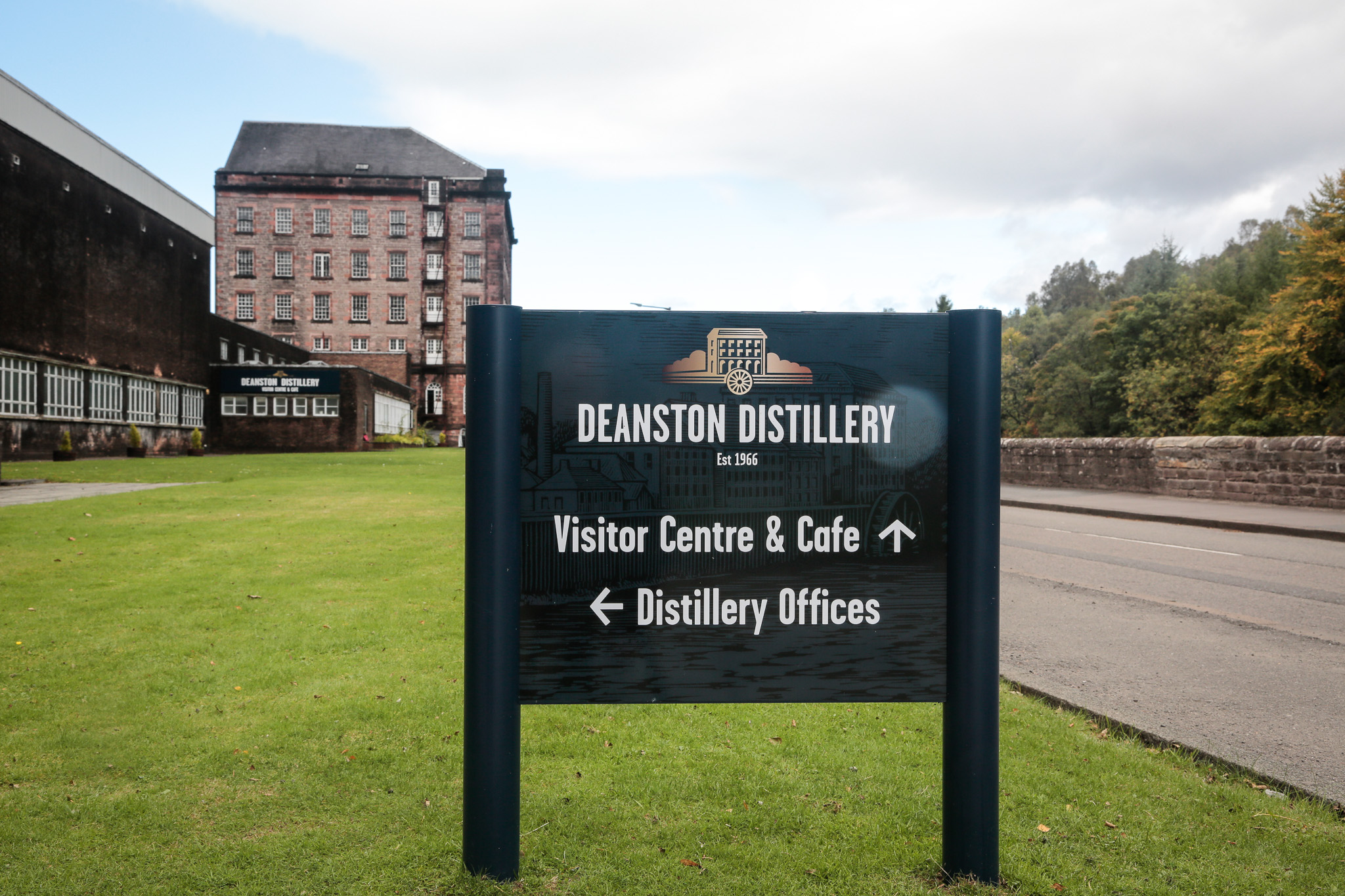Deanston Distillery, external post and panel sign, visitor centre and offices