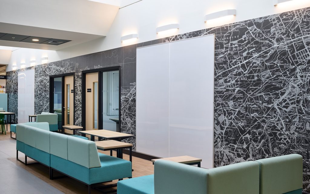 Wallyford Learning Campus, Project Management, digitally printed wallpaper, white on black, map of scotland