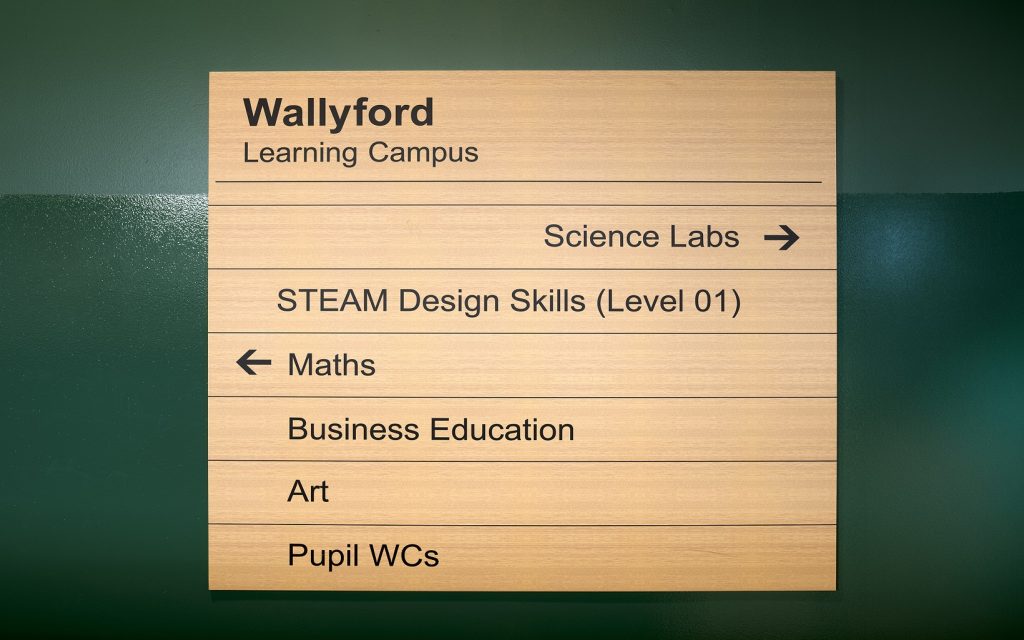 Wallyford Learning Campus, timber directory with black text