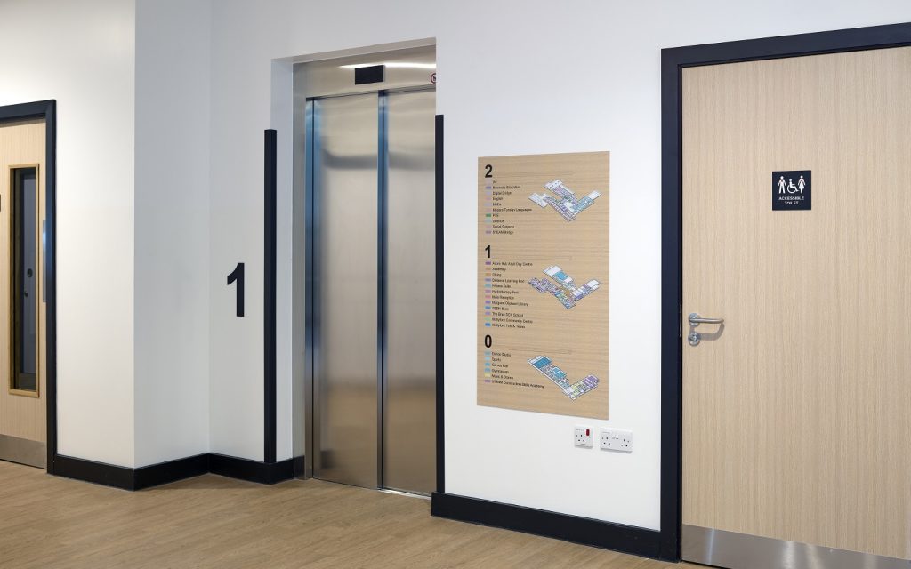 Wallyford Learning Campus, vinyl level numeral, directory sign, and accessible toilet door sign. Practical Completion Signage