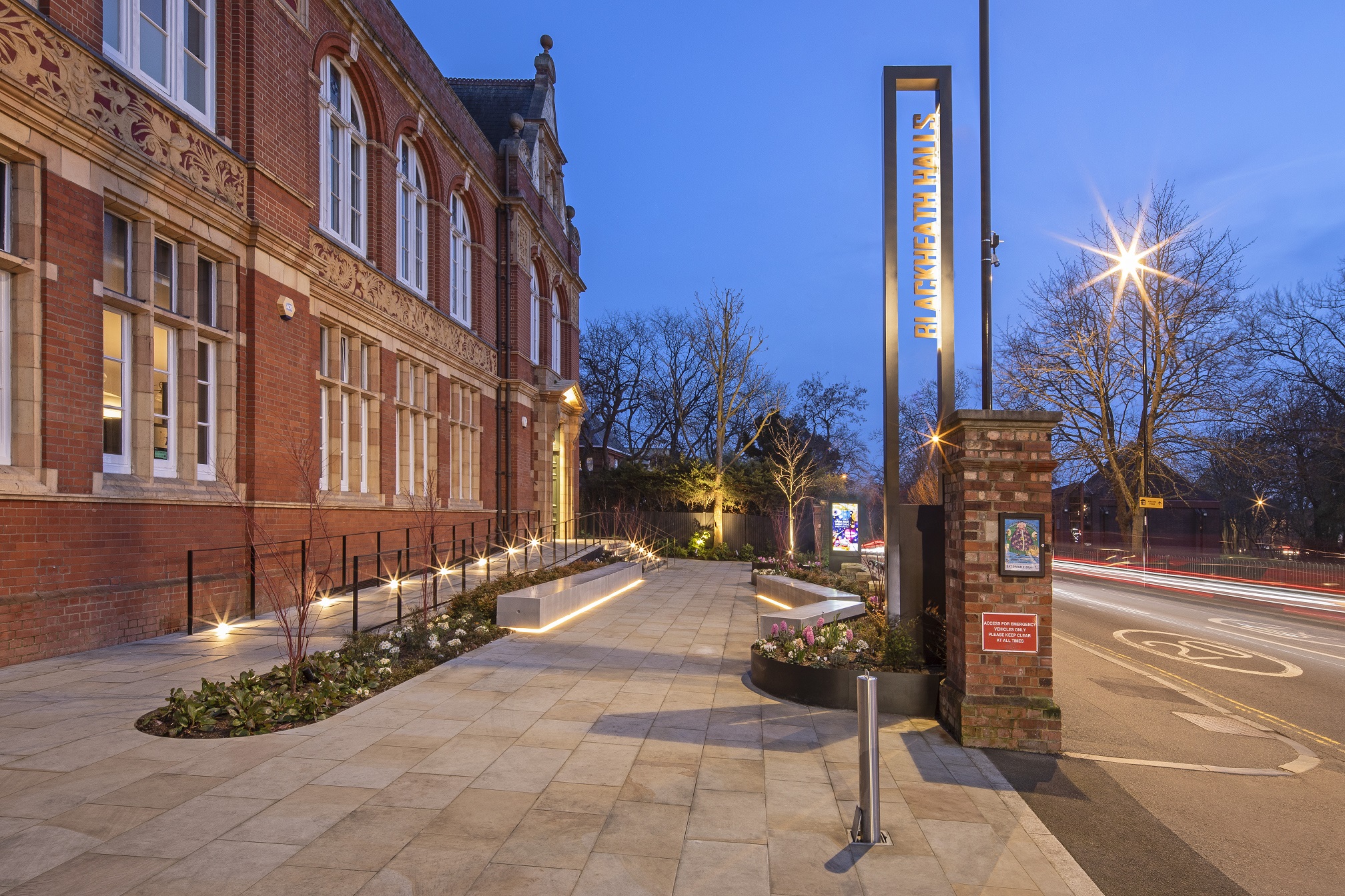 Blackheath Halls illuminated totem sign at dusk