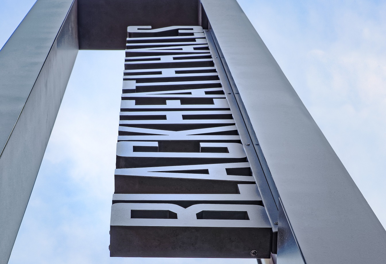 Blackheath Halls totem sign, close up of built up text with bolted sign fixings on main unit