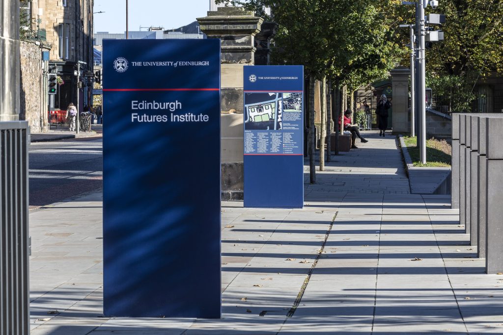 Edinburgh Futures Institute external totem and monolith signage