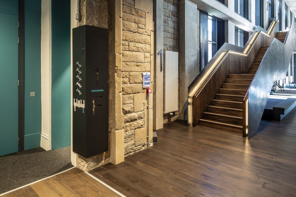 Edinburgh Futures Institute Refurbishment Projects. fret cut directory and flat cut level numeral