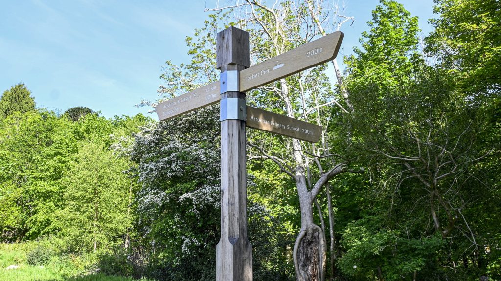 Tarbet Visitor Centre External Wayfinding Signage made from Green Oak and Digitally Printed Panels