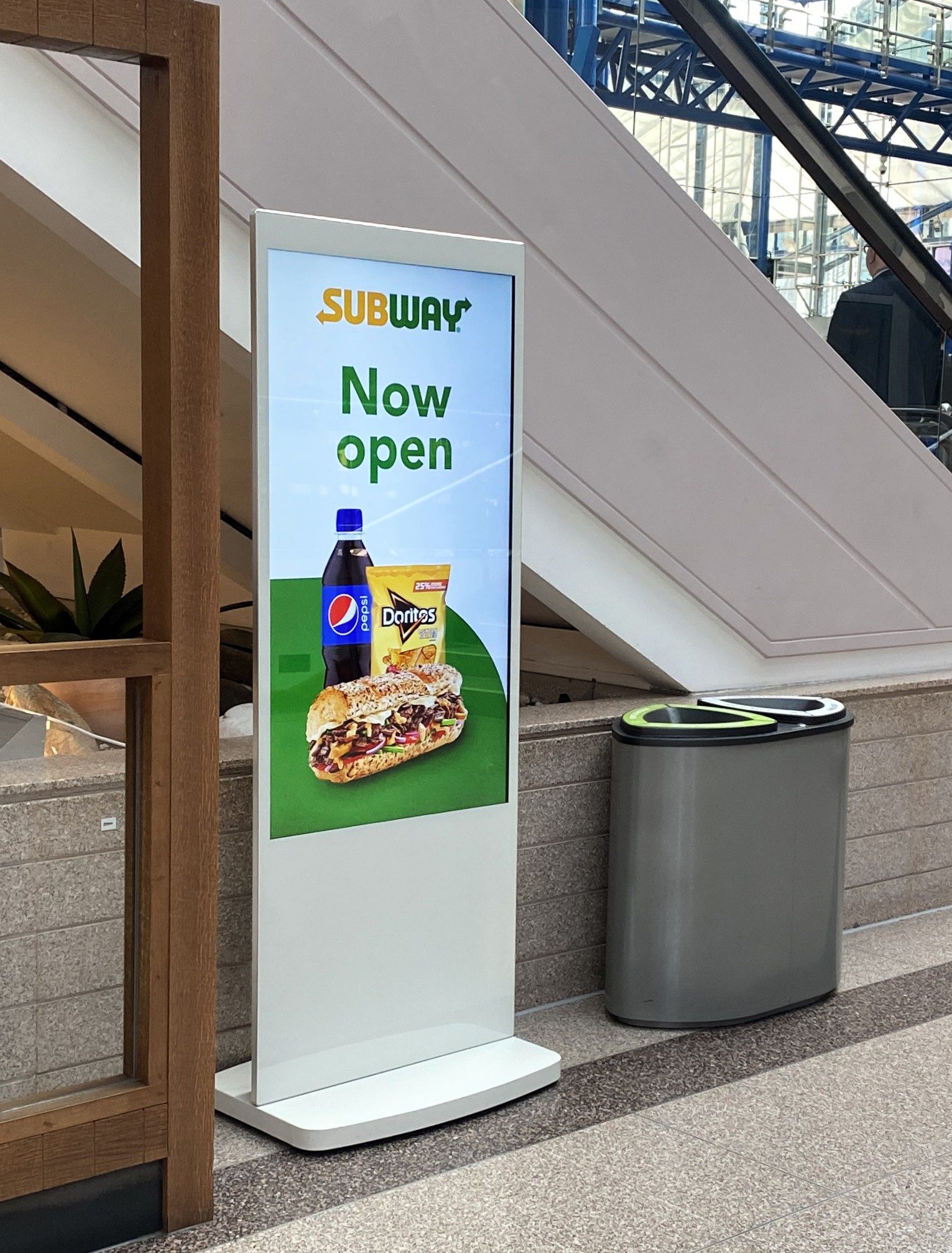 Freestanding Digital Display showing a Subway restaurant Ad