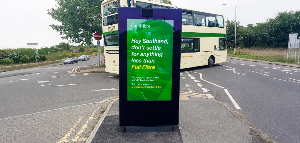 Freestanding totem. Advertising City Fibre for Southend