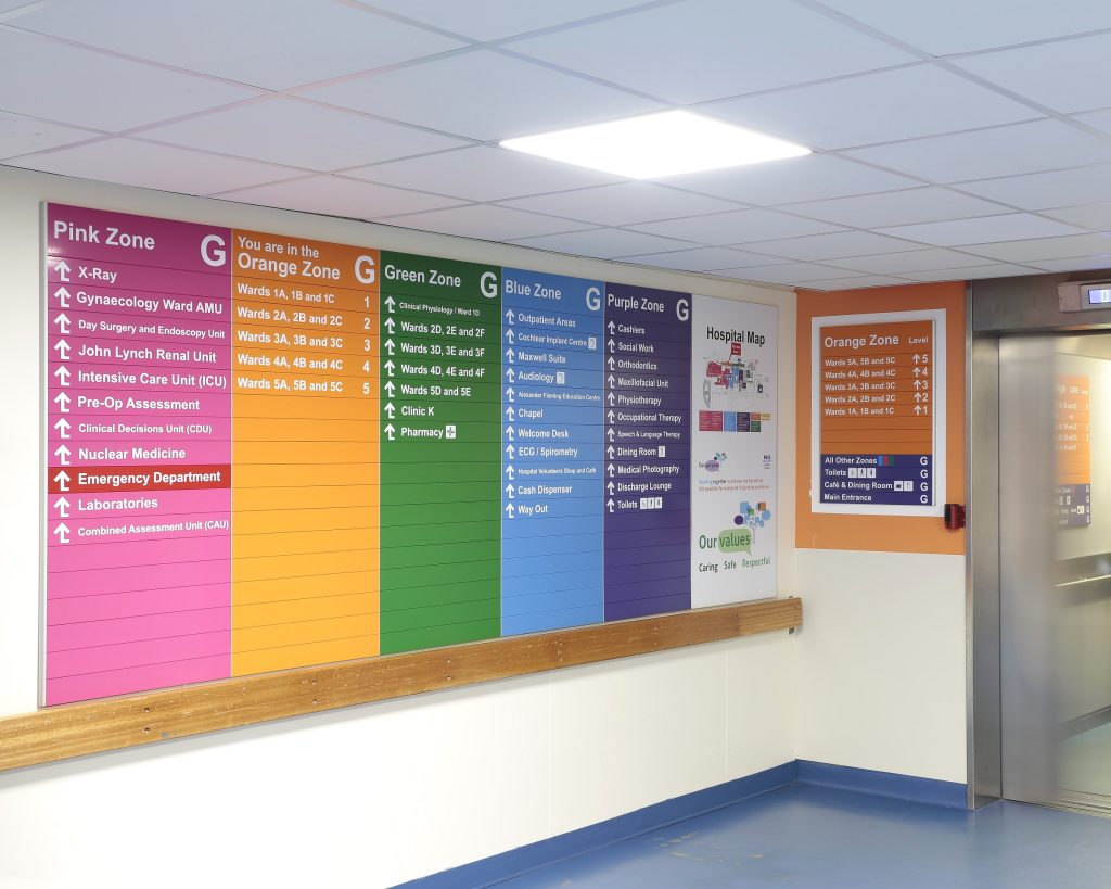 Colour coded Modular Directory Sign fitted to a wall in a corridor, next to a lift in a hospital.