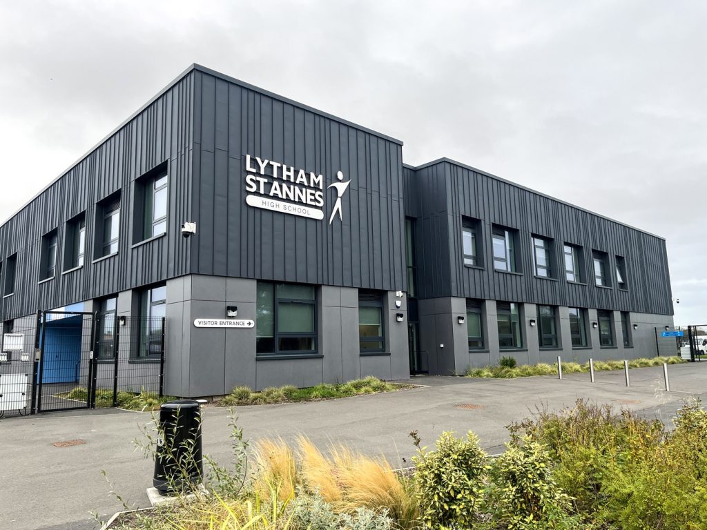 Lytham St Annes High School External building sign. White built up text and logo