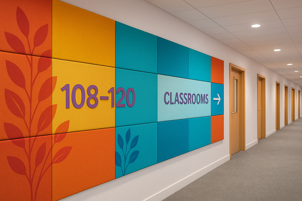 colourful wall panels in a school corridor with flat cut text showing where classrooms are