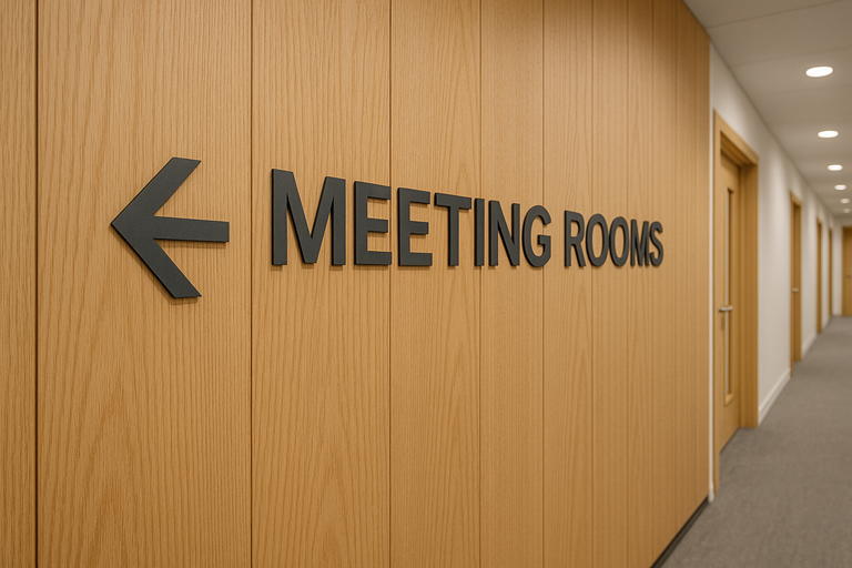 flat cut text on oak acoustic walls