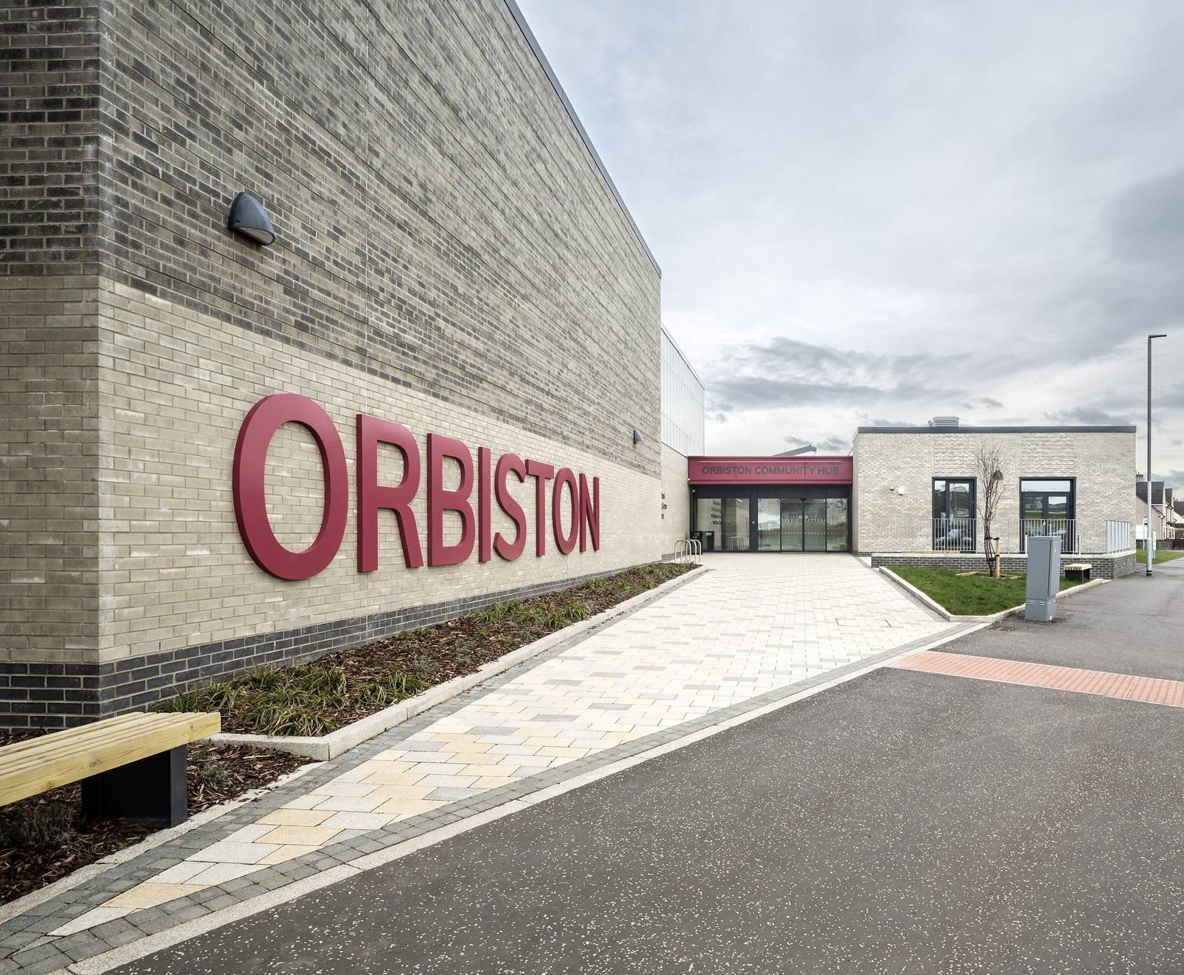 Orbiston Community Hub entrance showing built up powder coated text building signage
