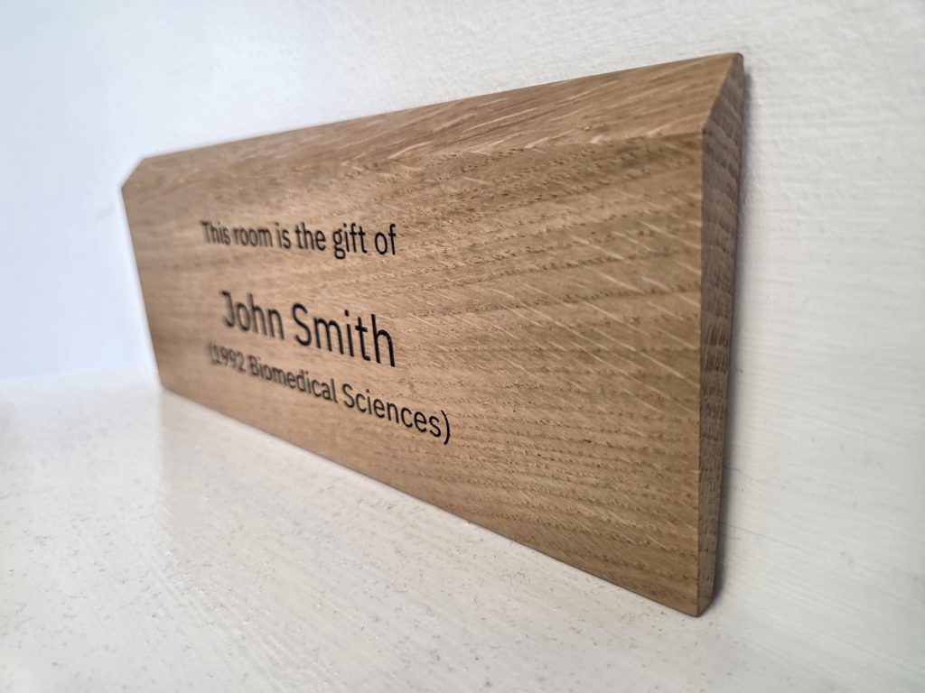 St Edmund Hall Room Sign. Oak panel with engraved and infilled text